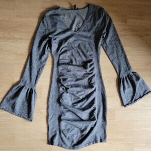 Express Grey Heathered Ruched Bell Sleeve V Neck Knit Mini Dress Size S